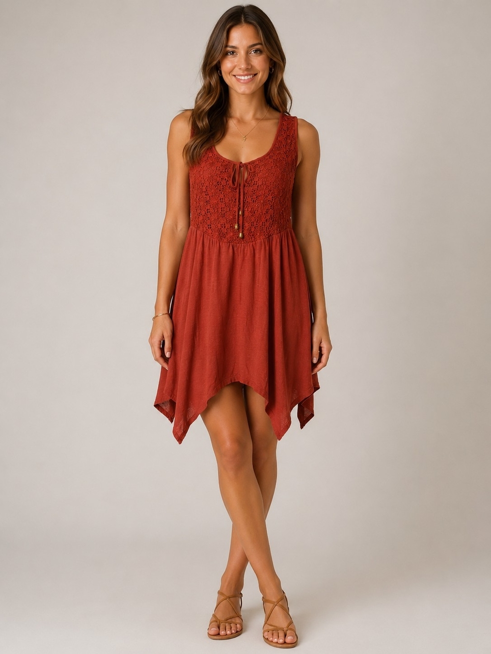 Womens Rust Sleeveless Crochet Boho Bodice Mini Dress Size S